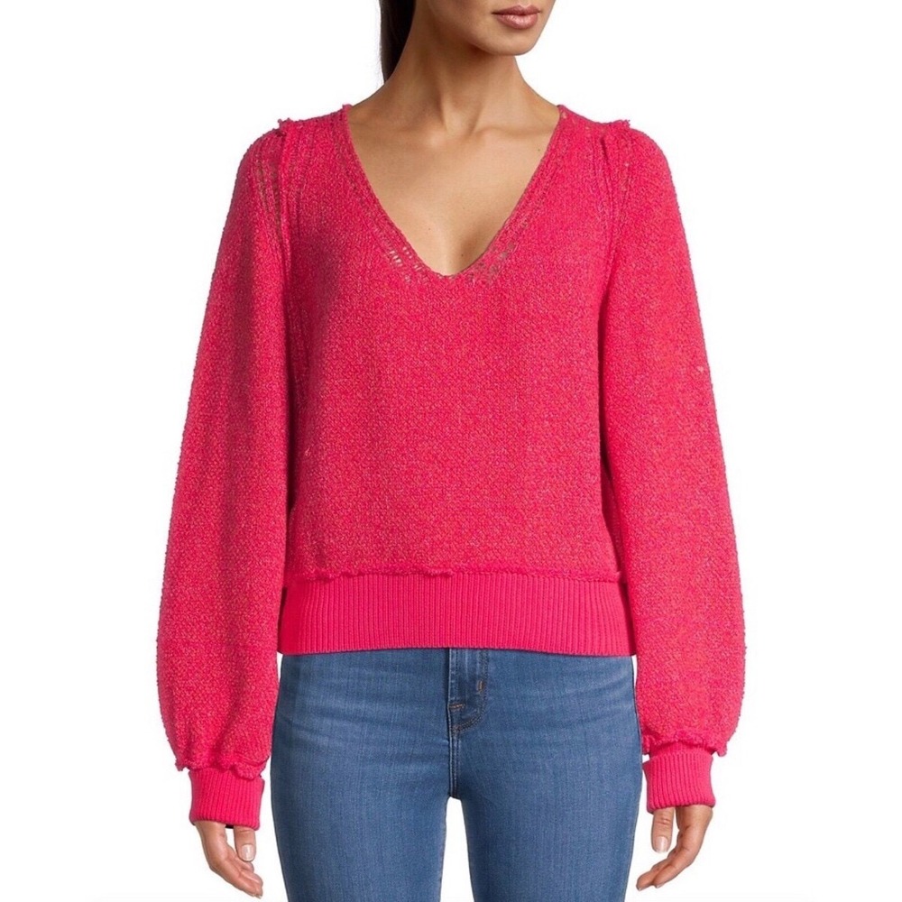 Free People Pink V-Neck Textured Knit Sweater Balloon Sleeve Boho Fuchsia XS